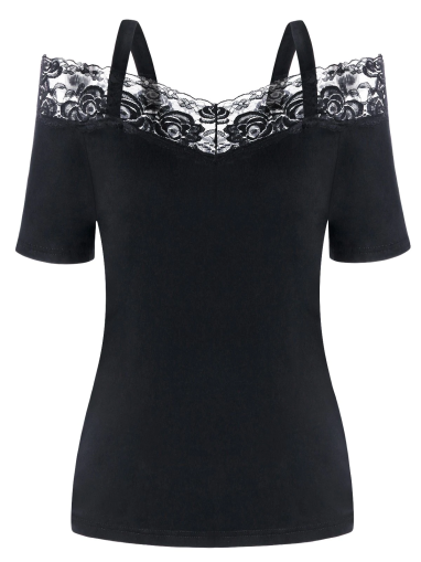Lace Panel Open Shoulder T-shirt