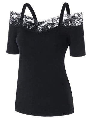Lace Panel Open Shoulder T-shirt
