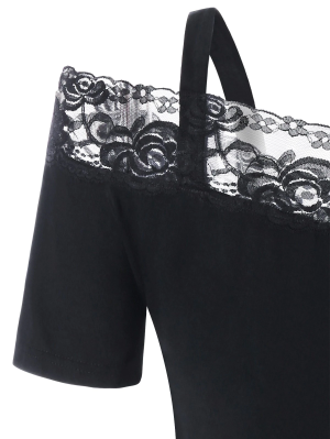 Lace Panel Open Shoulder T-shirt