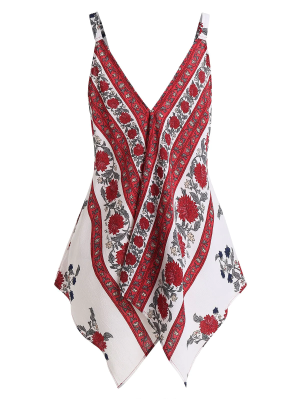 Asymmetric Draped Floral Handkerchief Top